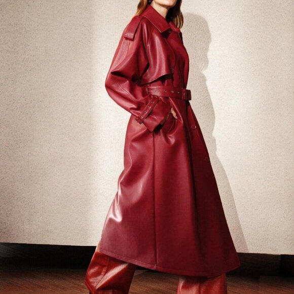 Jackets & Blazers - Red Elegant Women's faux leather Double Breasted belted Long Trench Coat